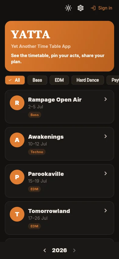 YATTA festival directory showing genre filters and upcoming festivals