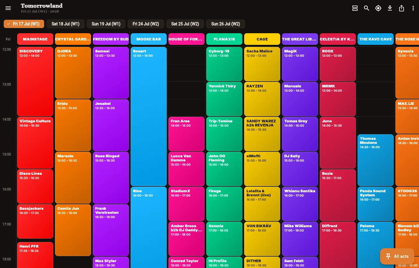 YATTA colour-coded Tomorrowland timetable across multiple stages