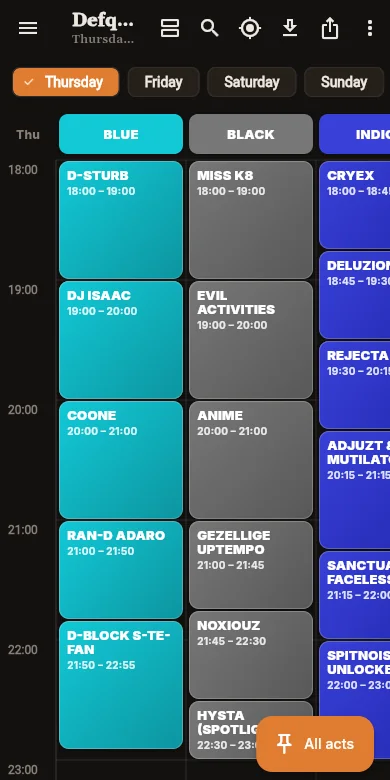 YATTA mobile Defqon.1 timetable with colour-coded stages and set times